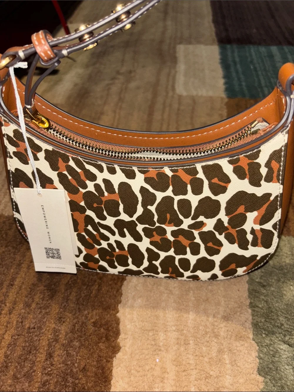 Tory Burch Leather-Trim Leopard Print Shoulder Bag in Brown/Tan